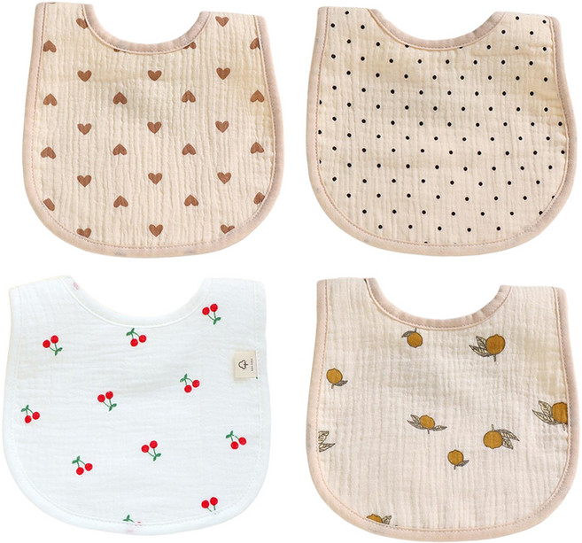 LuxuryBaby 6層泡泡紗布圍兜 基本款 A套組, 4件, 1組, 愛心+櫻桃+圓點+檸檬 白色 + 淺棕色