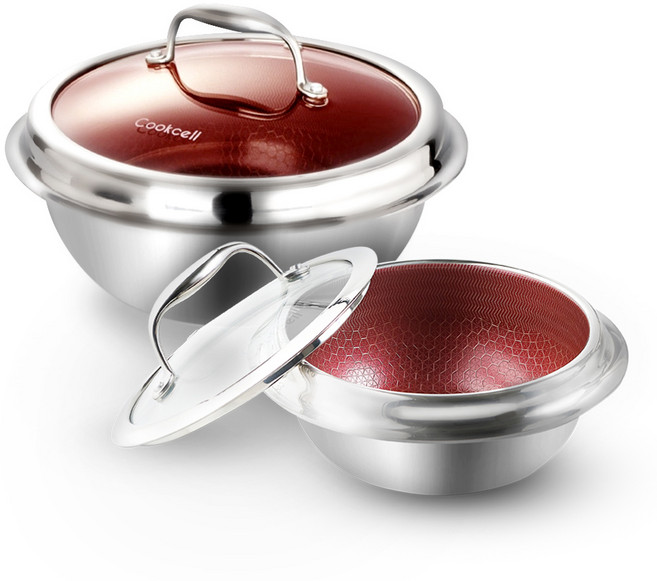 쿡셀 IH 통3중 스테인레스 가마솥 16cm + 22cm + 실리콘손잡이 세트, RED, 1세트