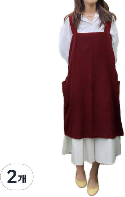 린넨 심플 롱 앞치마 L, 와인, 2개
