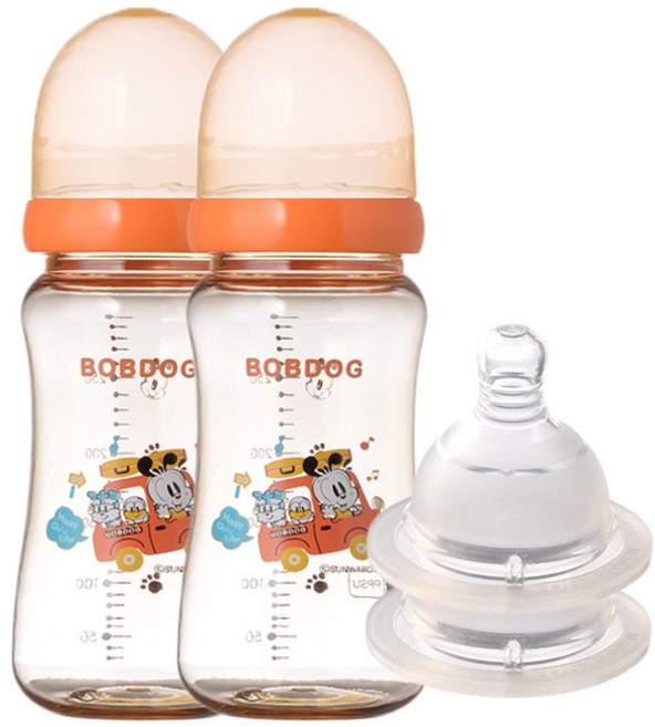 리틀밥독 국내 제조 PPSU 유꼭지젖병 트윈팩 젖꼭지 2개입, 오렌지, 300ml, 1세트
