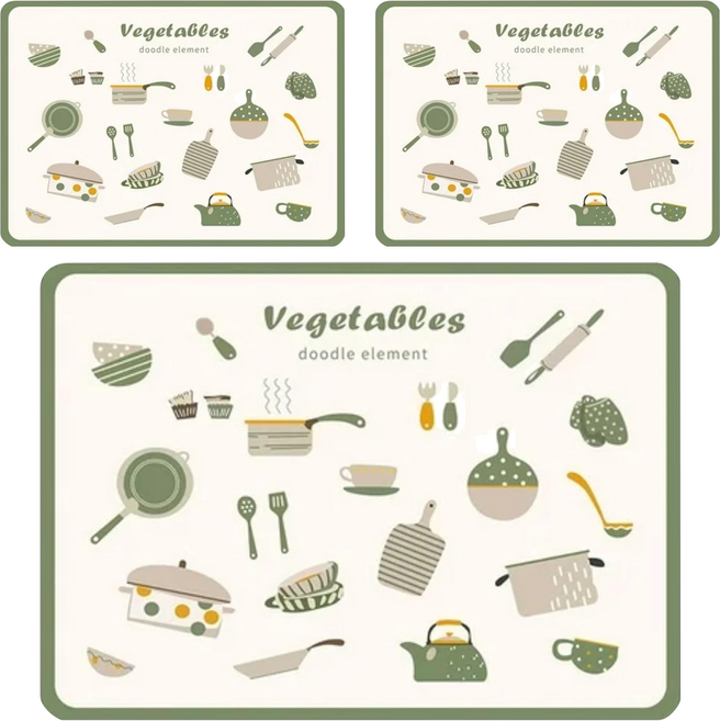 咪咪購物 吸水桌墊, Vegetables 白色 + 綠色, 30 x 40cm x 厚度5mm, 3個