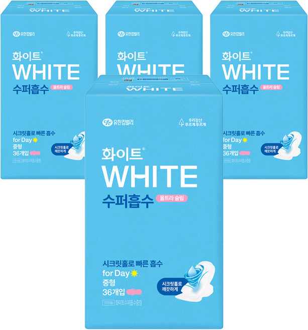 화이트 수퍼흡수 울트라슬림 생리대 날개형, 중형, 36개입, 4개