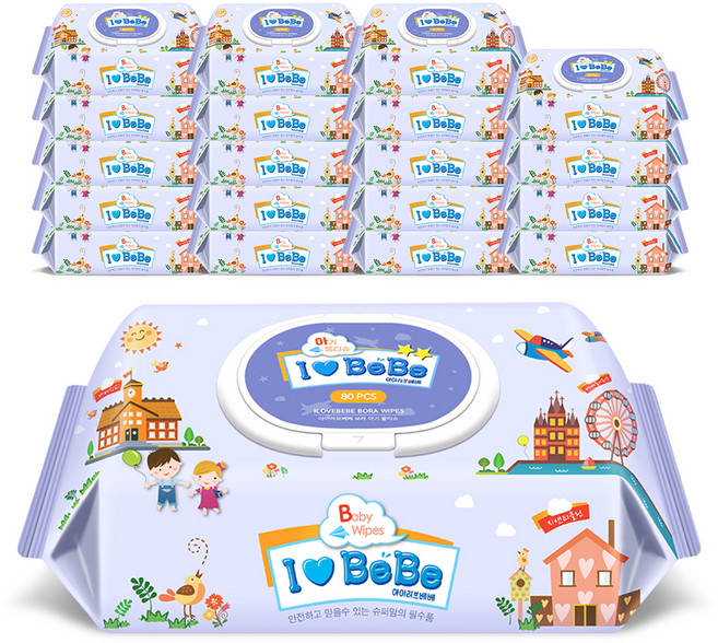아이러브베베 보라 아기물티슈 캡형, 52g, 80매, 20개