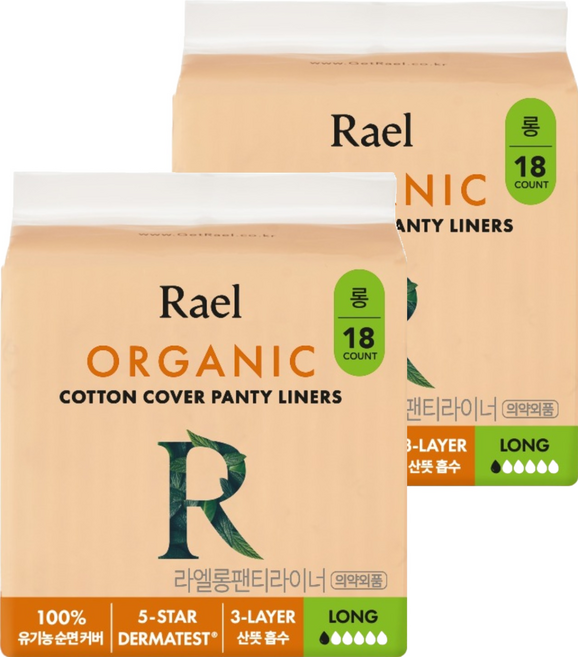 라엘 유기농 순면커버 팬티라이너, 롱, 18개입, 2개