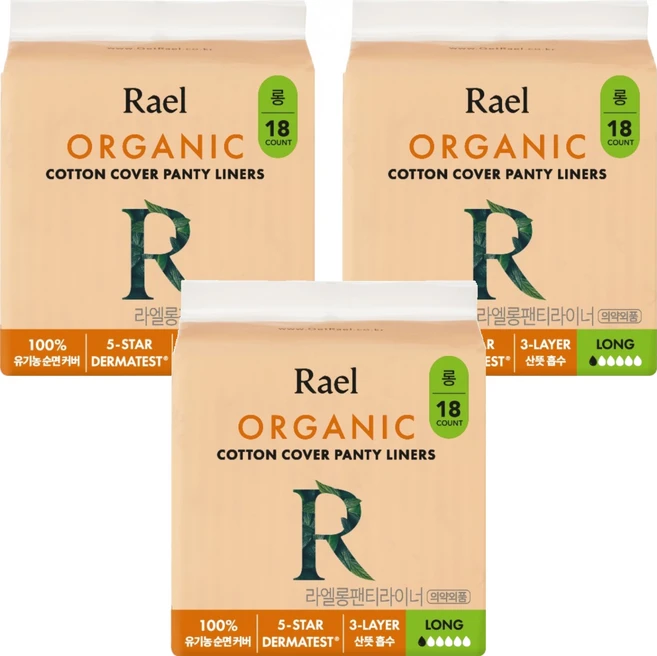 라엘 유기농 순면커버 팬티라이너, 롱, 18개입, 3개 - 쿠팡