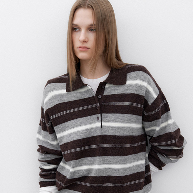 AtelierNain 女款寬鬆版型條紋Polo針織衫 T-7150