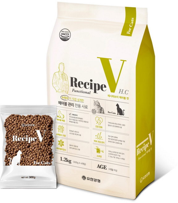 유한양행레시피브이 고양이 처방식사료, 헤어볼+장건강, 1.2kg, 1개