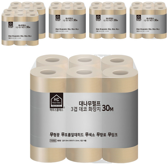 하우스클래스 대나무펄프 3겹 데코 고급 롤화장지, 30m, 18개입, 6개