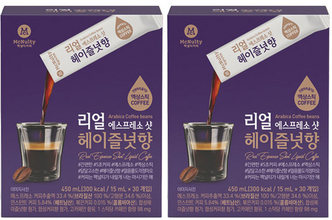 맥널티커피 리얼 에스프레소 샷 헤이즐넛향 액상 스틱 커피, 15ml, 30개입, 2개