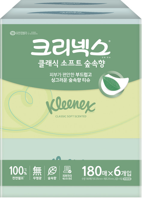 크리넥스 클래식 소프트 숲속향 천연펄프 미용티슈 2겹, 180매, 6개