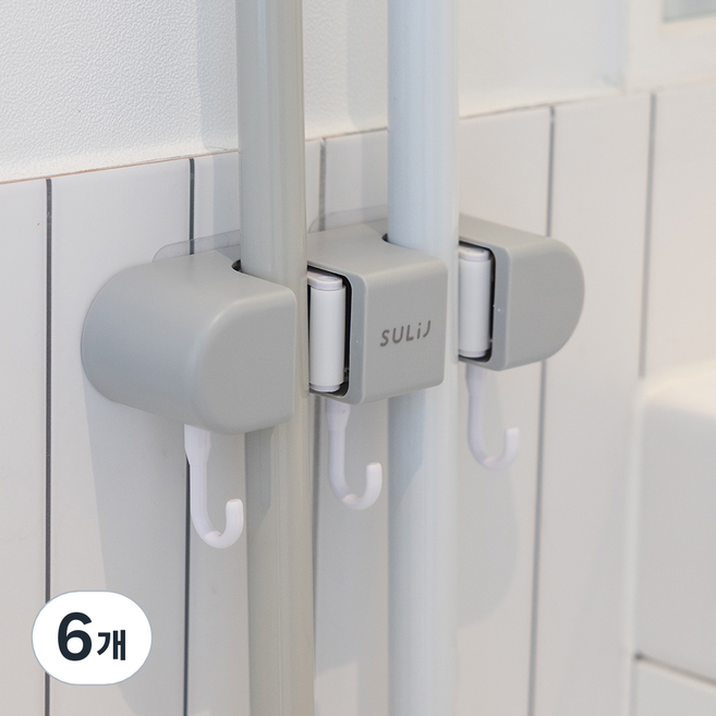 메이크마인 무타공 후크 다용도 욕실 화장실 청소도구 걸이 클립 2p + 후크 3p, 클래식그레이, 6개