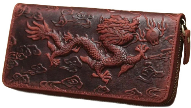 真皮頭層瘋馬牛皮壓紋圖騰男士皮夾 錢包 拉鍊長夾 男夾 LH979 飛龍乘雲