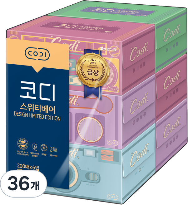 코디 스위티베어 천연펄프 각티슈 2겹, 200개입, 36개