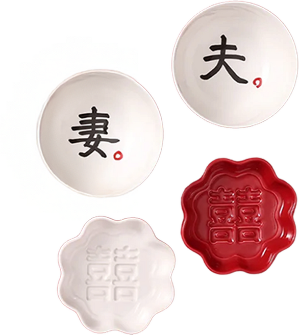 Mao's 樂陶陶 雙碗顯影醬油碟禮盒組 600g, 夫妻囍囍 白色 + 紅色, 1組