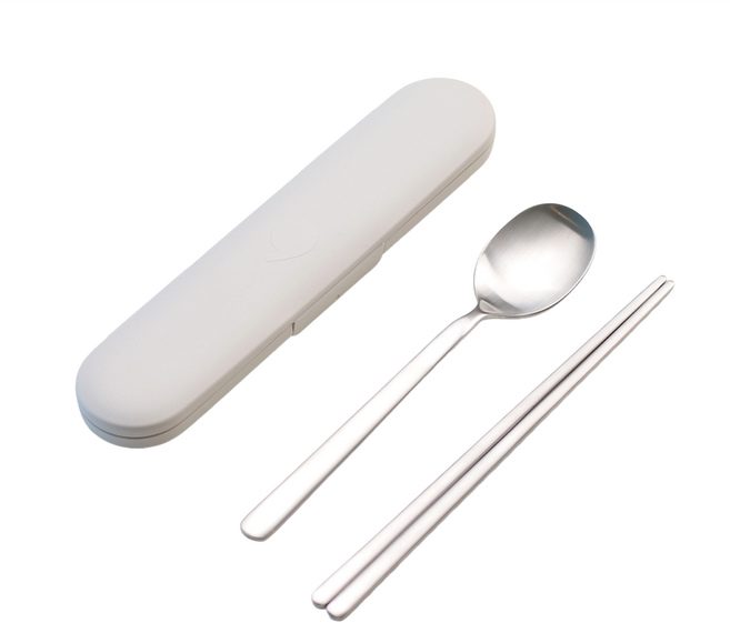 NIneware 不鏽鋼環保餐具組, 湯匙 + 筷子 + 收納盒, 象牙白色, 1組