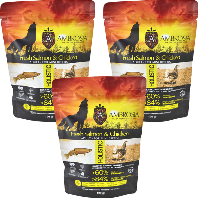 AMBROSIA 安柏希雅 無穀鮮肉犬糧, 鮭魚 + 雞肉, 100g, 3袋