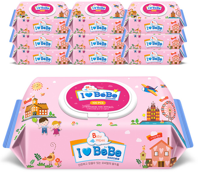 아이러브베베 핑크 물티슈 캡형, 43g, 100매, 10개