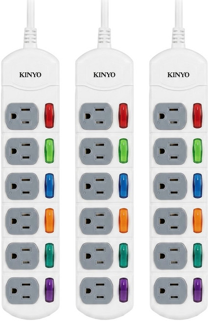Kinyo 6開6插延長線 3孔 CG-166, 1.8m, 白色, 3條