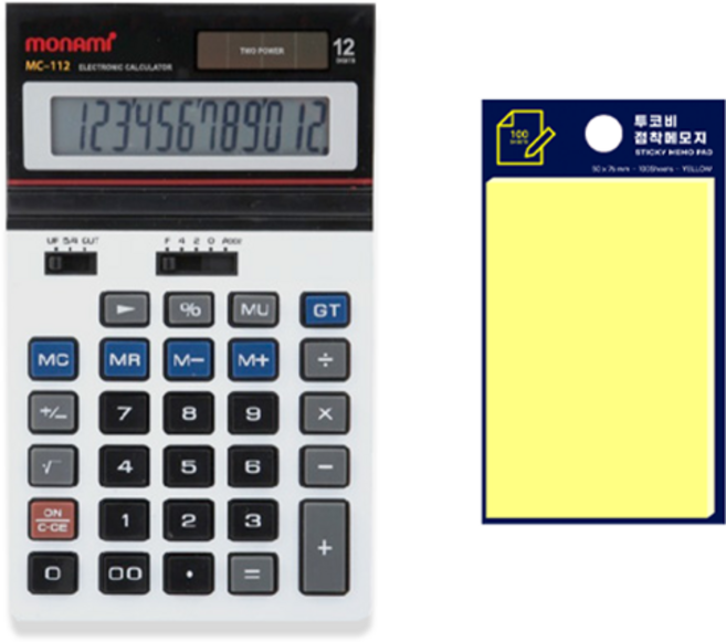 모나미 계산기 MC-112 + 투코비 스티키 메모패드, 혼합색상(계산기), 노랑(포스트잇), 1세트