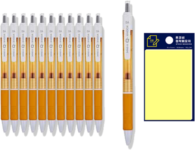 동아 Q노크 펜 0.4mm 12p + 투코비 스티키 메모패드 노랑 세트, 주황, 1세트