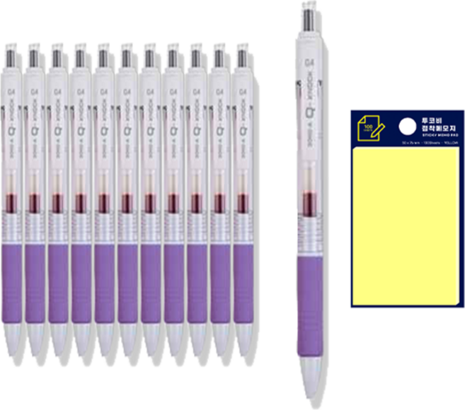 동아 Q노크 펜 0.4mm 12p + 투코비 스티키 메모패드 노랑 세트, 밝은보라, 1세트