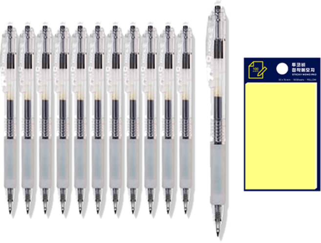 동아 Q노크 무지 펜 0.4mm 12p + 투코비 스티키 메모패드 노랑 세트, 검정, 1세트