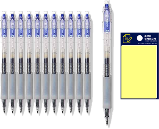 동아 Q노크 무지 펜 0.4mm 12p + 투코비 스티키 메모패드 노랑 세트, 파랑, 1세트