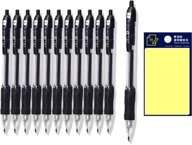 동아 P노크 펜 0.4mm 12p + 투코비 스티키 메모패드 노랑 세트, 검정, 1세트