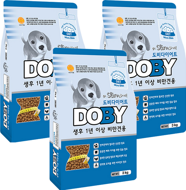 인터펫코리아 도비 어덜트 강아지 다이어트 건식사료, 곡물, 3kg, 3개