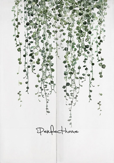 半島良品 簡約北歐風半開型棉麻門簾, 綠葉藤蔓 白色