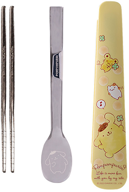 SHIERN-CHIU 廣億實業 Sanrio 三麗鷗 不鏽鋼湯筷組, 湯匙 + 筷子 + 收納盒, 布丁狗 黃色 + 銀色, 1組