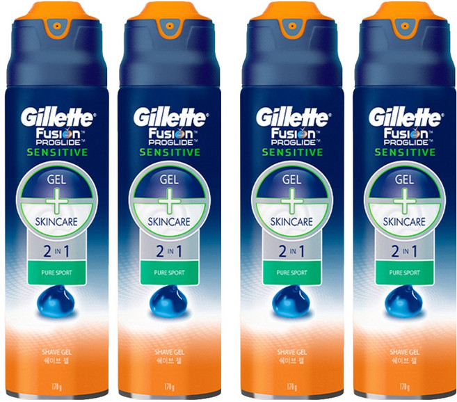 질레트 정품 퓨전 프로글라이드 센서티브 2 in 1 퓨어스포츠 쉐이빙 젤, 170g, 4개