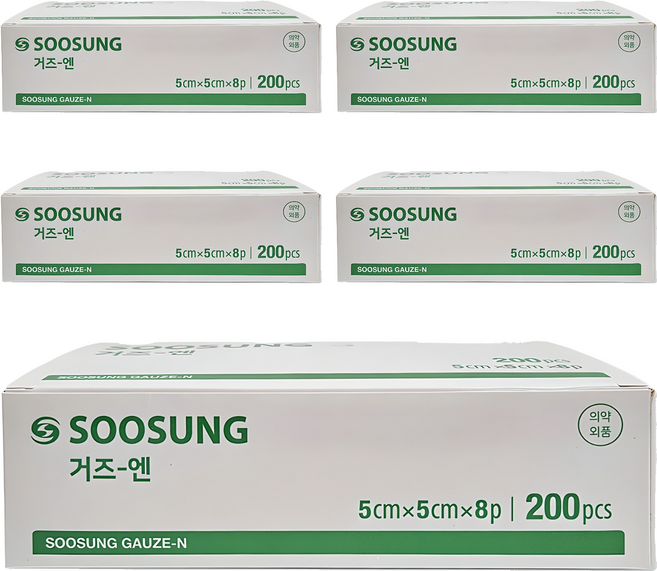 수성 거즈 엔 5cm x 5cm 8겹, 200매입, 5개