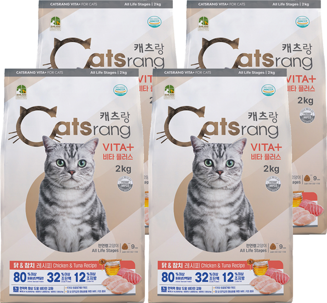 캐츠랑 전연령 고양이 비타플러스 건식사료, 닭+참치, 2kg, 4개