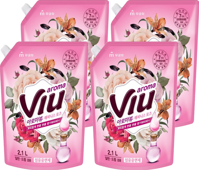 아로마뷰 섬유유연제 해피니스 로즈 리필, 2.1L, 4개