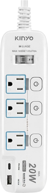 Kinyo 4開3插PD + QC高溫斷電延長線 3P 60 x 25 x 209mm 561g, 2.7m, 白色, 1條