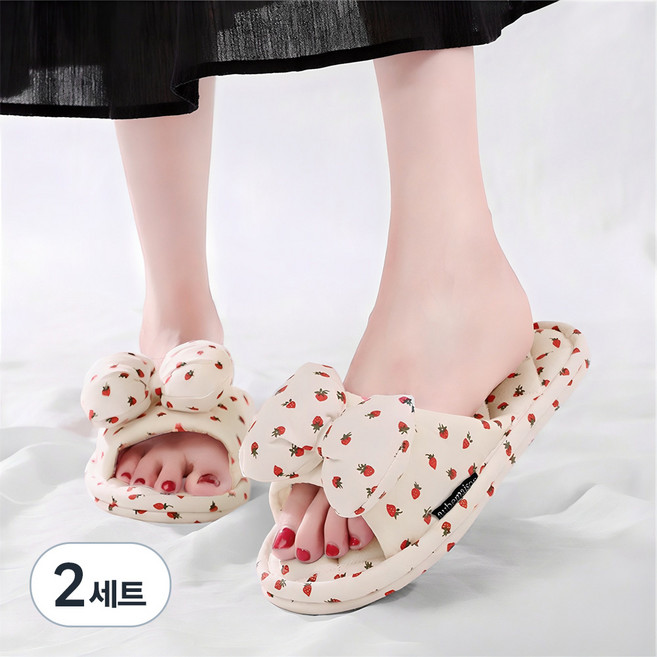 오브메종 딸기 리본 면 슬리퍼, 화이트, 2개