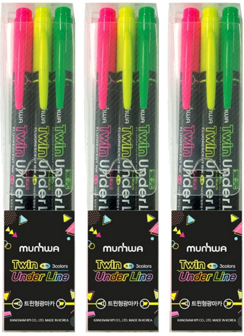 문화연필 트윈 언더라인 형광펜 3종 세트, 분홍, 노랑, 연두, 3세트