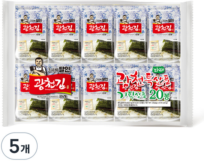 광천김 3대째 달인 파래 도시락김 20봉, 80g, 5개