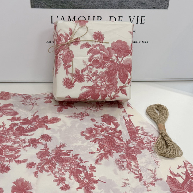 마메 빈티지 플라워 선물 포장지 5p + 리본끈 세트, 레드, 1세트