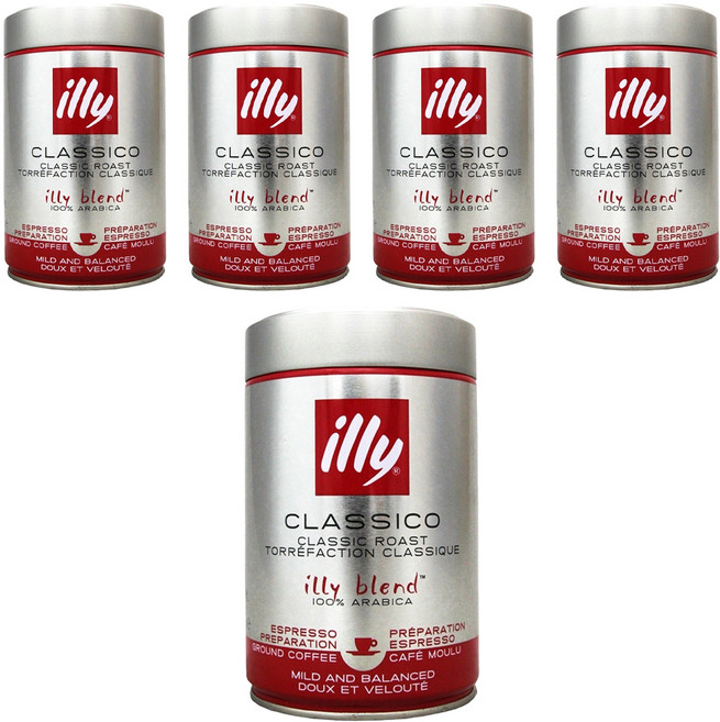 illy 意利 中烘培濾泡咖啡粉 250g 口感醇厚 香氣濃郁 100%阿拉比卡咖啡豆, 5罐, 研磨咖啡粉