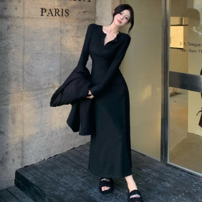 Elsso 復古修身針織長袖長版連身裙, 黑色