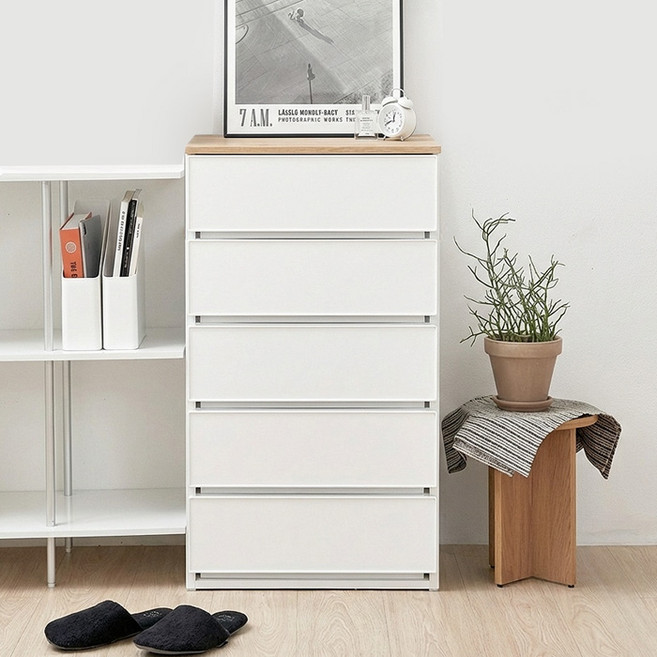 코멧 폭 넓은 우드상판 모던 서랍장, 화이트, 5단