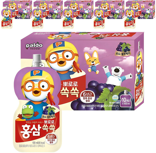 팔도 뽀로로 홍삼쏙쏙 어린이 음료 포도블루베리맛, 100ml, 60개