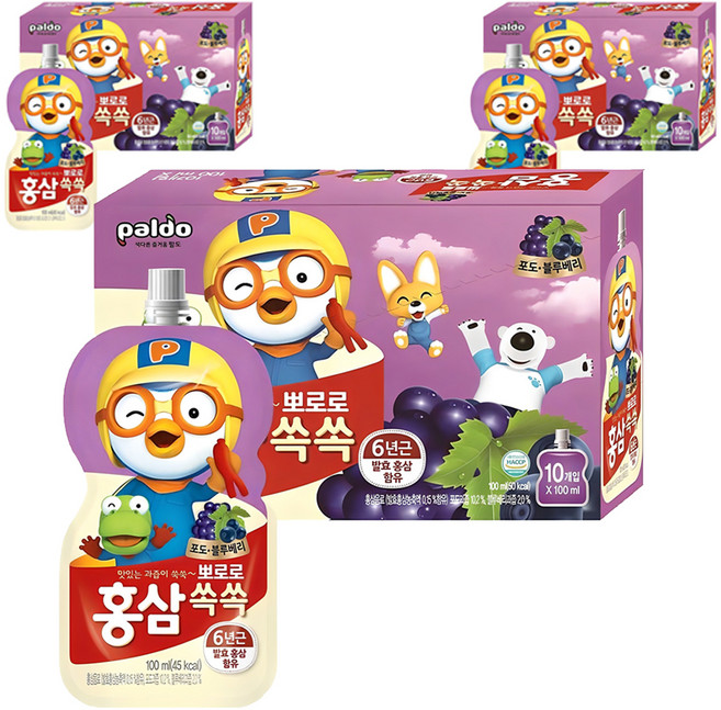 paldo 八道 孩童Pororo紅蔘飲 葡萄藍莓口味 10包入, 100ml, 30包