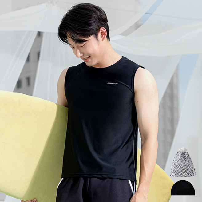 아쿠아티카 남성용 래쉬가드 민소매 상의 AQAMAP + 스판수모 + 비닐백 세트