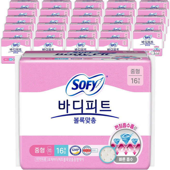 바디피트 볼록맞춤 생리대 날개형, 중형, 16개입, 30개