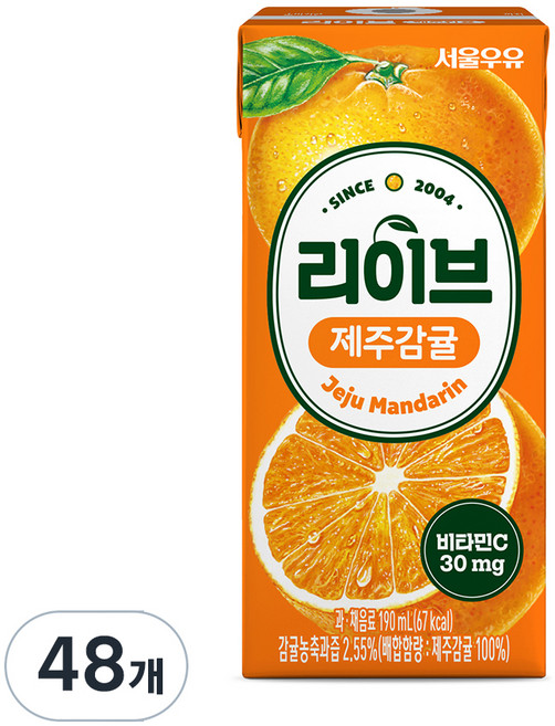 서울우유 리이브 제주감귤 주스, 190ml, 48개