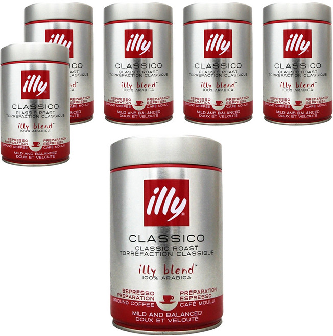 illy 意利 中烘培濾泡咖啡粉 250g 口感醇厚 香氣濃郁 100%阿拉比卡咖啡豆, 6罐, 研磨咖啡粉
