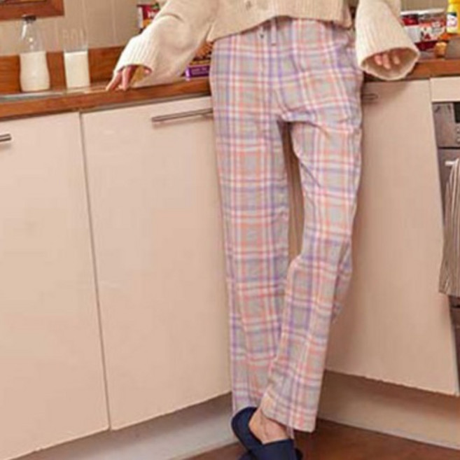 FITIN 女款棉質格紋薄刷毛口袋睡褲